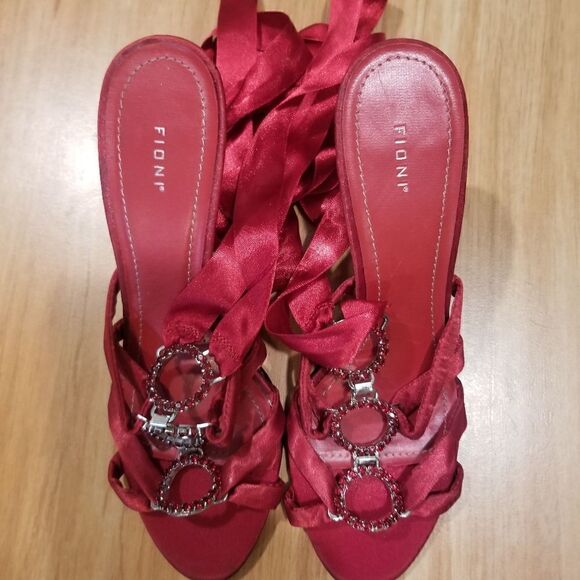 Fioni | Size 6 Vintage Ruby Red Open Toe Lace Up Heels with Circle Gem Detail - Picture 3 of 15